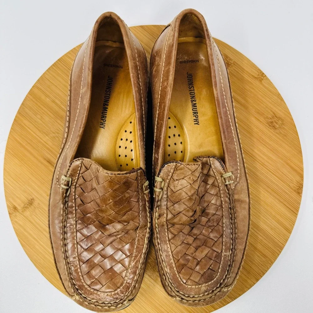 Johnston & Murphy Mens Brown Woven Leather Loafers Sheepskin Lining 10 M 20-8543